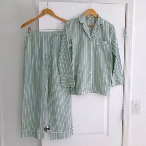 Club Monaco 2 Piece Cotton Pajama Set Shirt Pants S Pale Green Grey White Stripe
